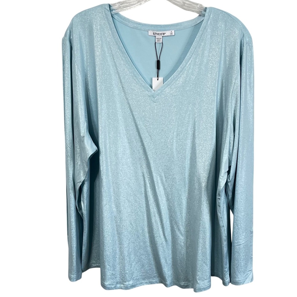 Chico's Touch of Cool Foil Layering Tee in Blue Menthe Women's Size XXL NEW‎